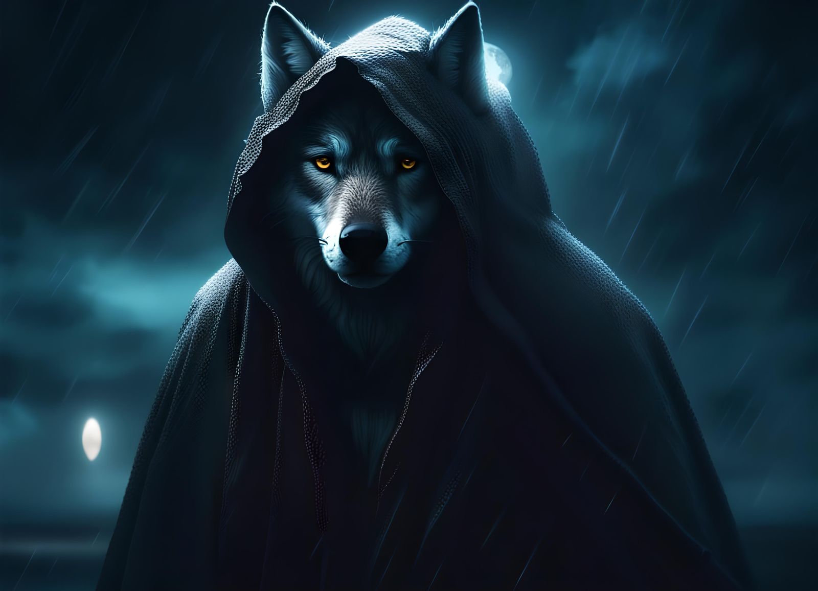 Hooded Wolf at Night in Dark Horror Landscape