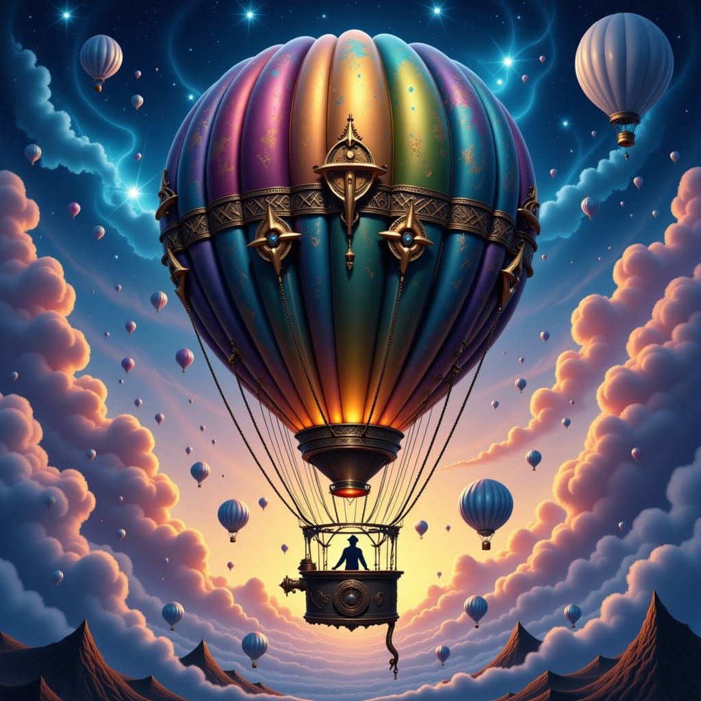 Steampunk Hot Air Balloon in Nebula Sky Digital Painting