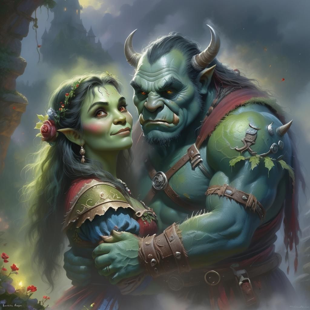 Orc Couple in Love: Ethereal Fantasy Scene