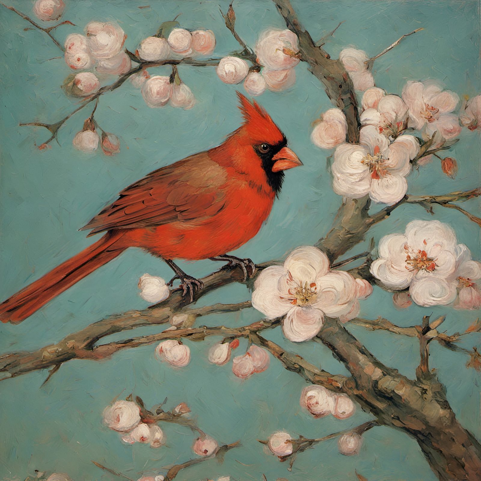 Cardinal on Almond Branch in Van Gogh Style