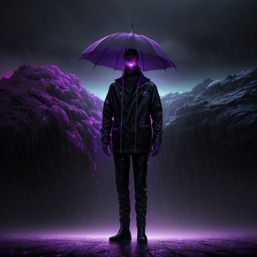 Alien in Purple World with Rain, Surreal Oil Painting