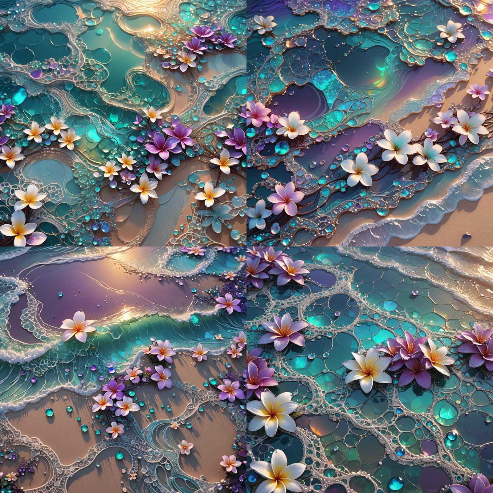 Iridescent Fractal Sunset Beach Waves in Anime Style