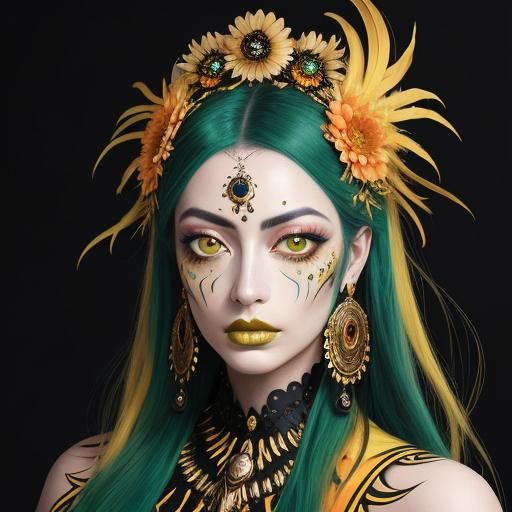 Surreal Gold Woman with Peacock Feather Hair