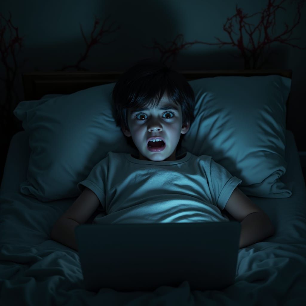 A Young Boy's Frightful Nightmare in Darkened Bedroom