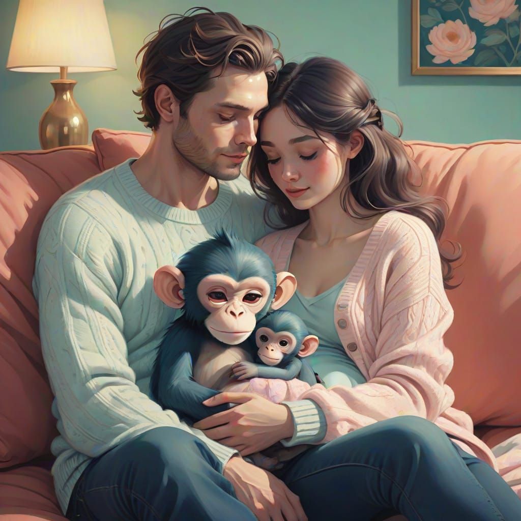 Whimsical Pregnancy Scene in Soft Pastel Colors