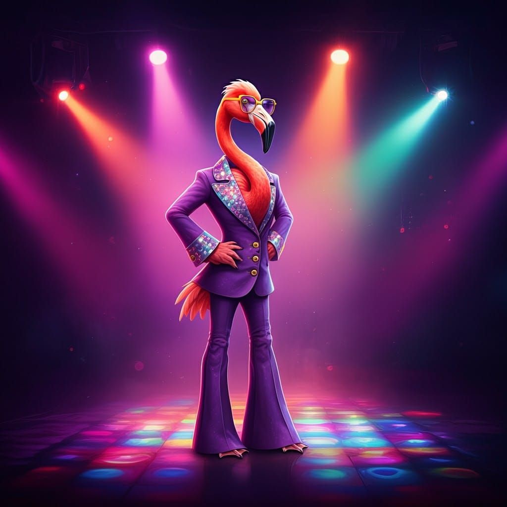 Funky Flamingo in 70s Disco Style, Neon Lights