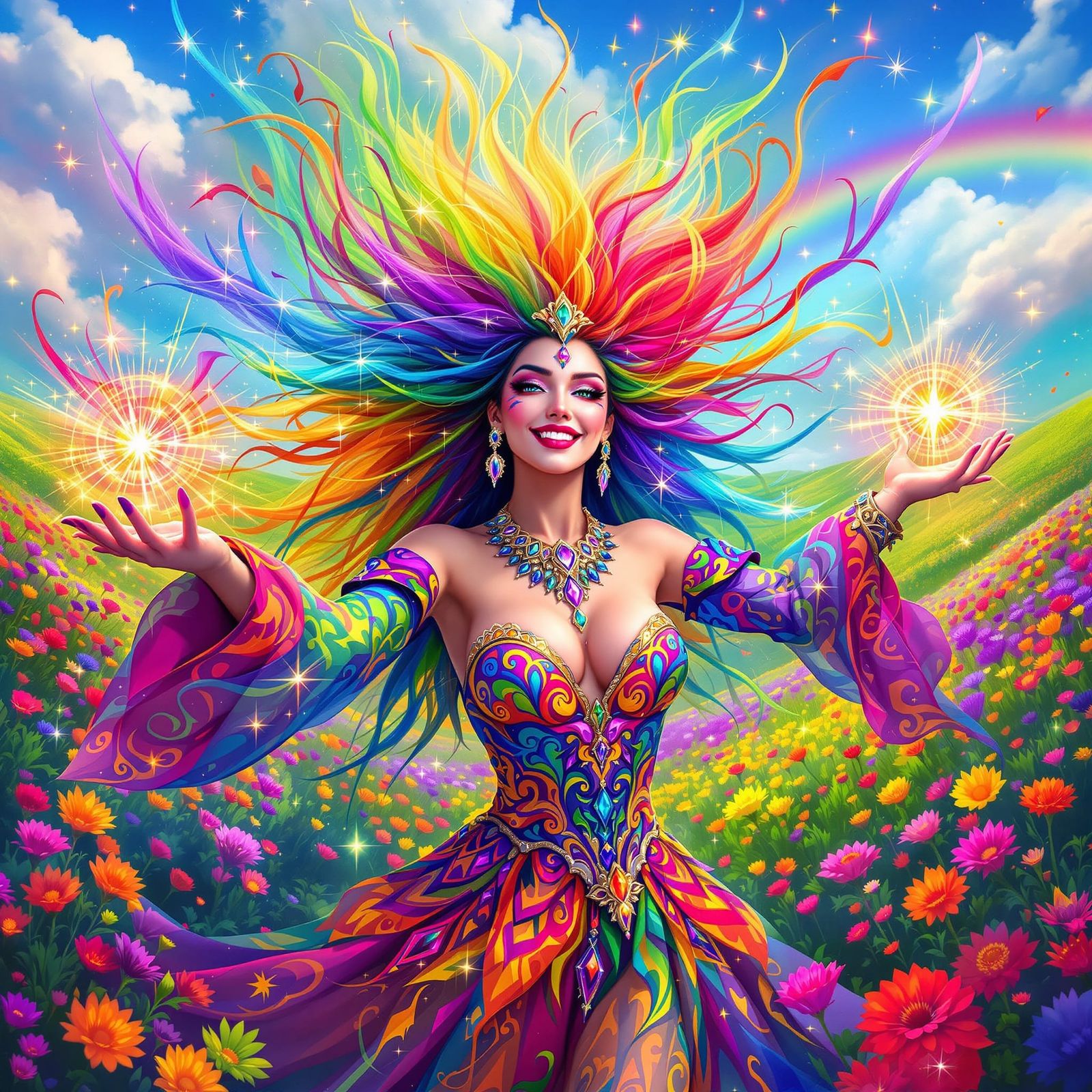 Enchantress Casting Rainbow Spell with Magical Lights