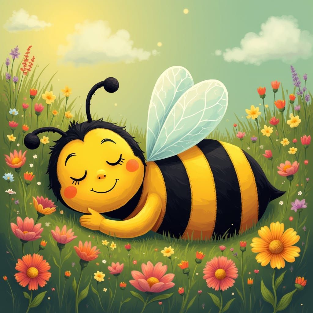 Cartoon Bumblebee Sleeping in Flower Meadow