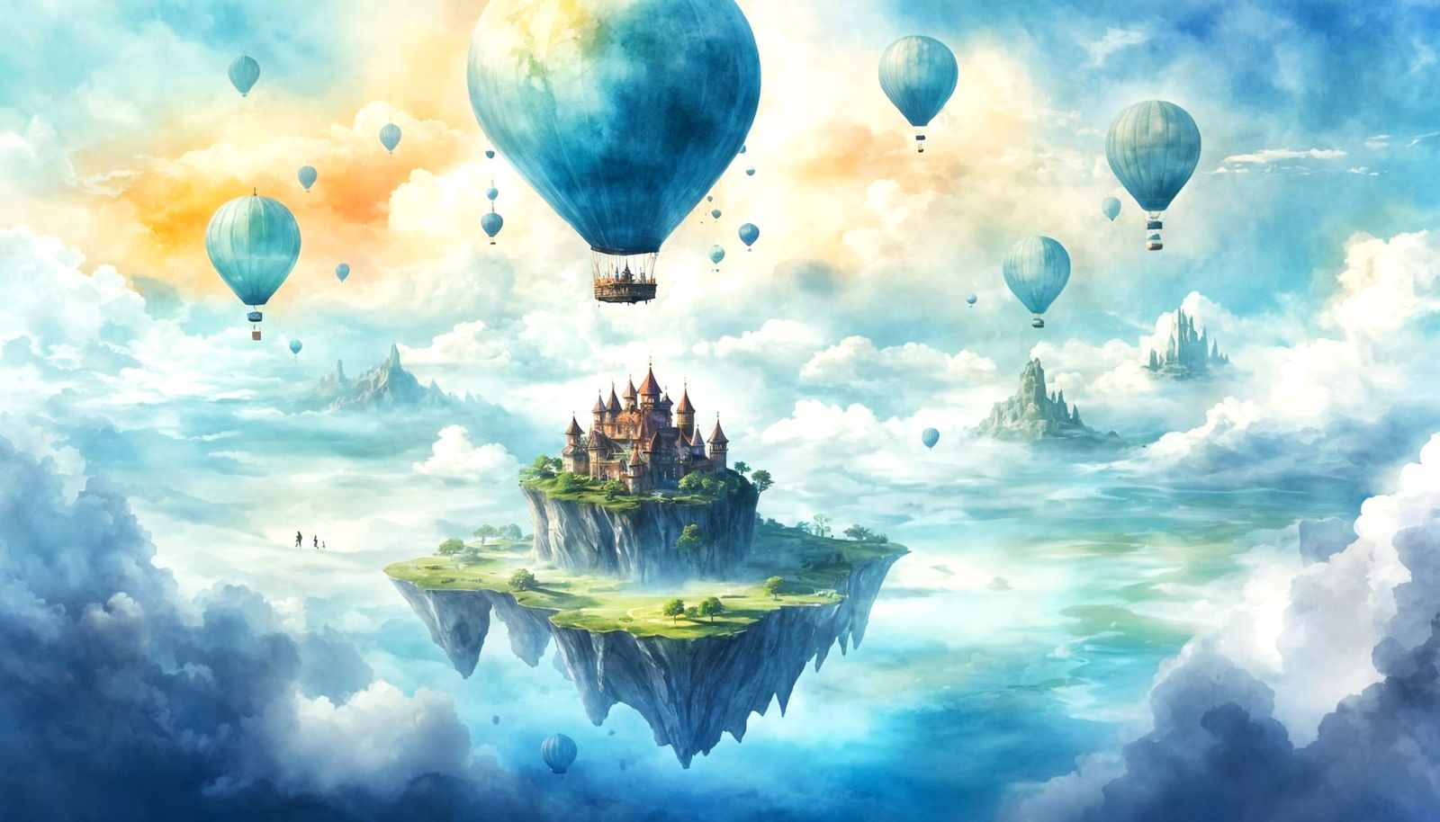 Peaceful Floating Islands Kingdom in Minimalist Watercolor