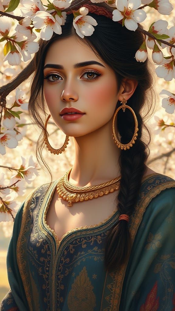 Iranian Girl in Almond Orchard: Oil Painting Style