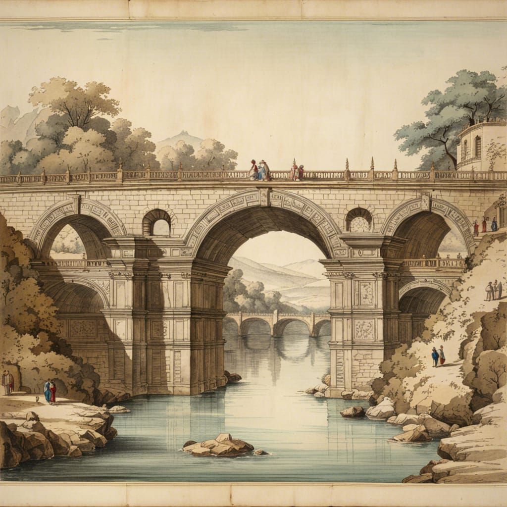 Detailed Stone Bridge Section Drawing in Canaletto Style
