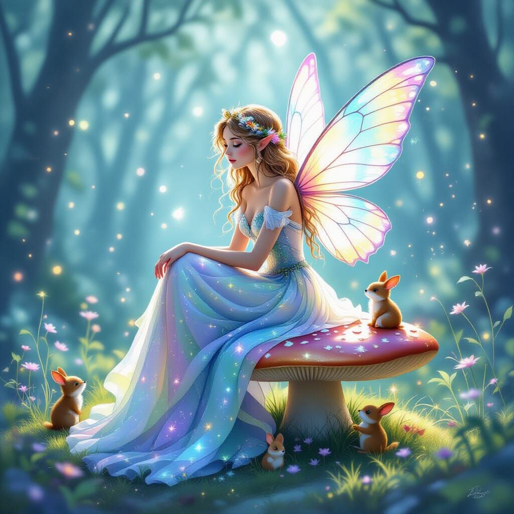 Whimsical Fairy on Mushroom in Magical Glade