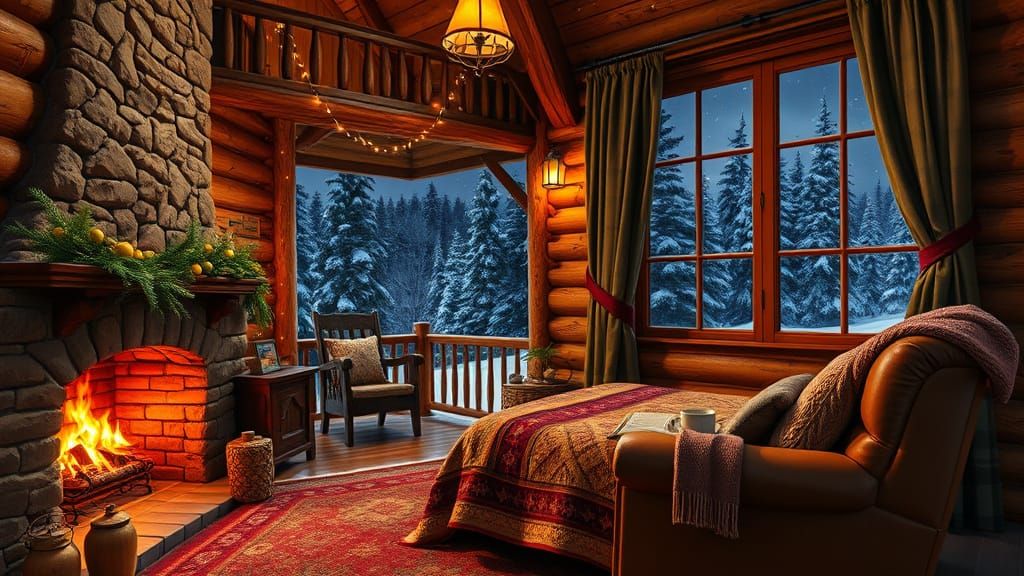 Cozy Winter Cabin Scene in Warm Golden Light
