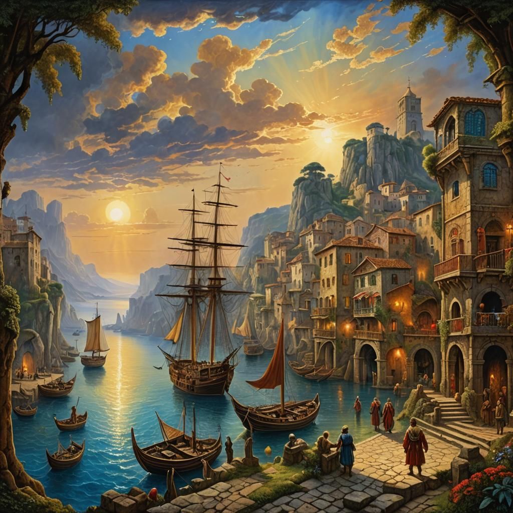 Epic Seaport Painting in Classical Style