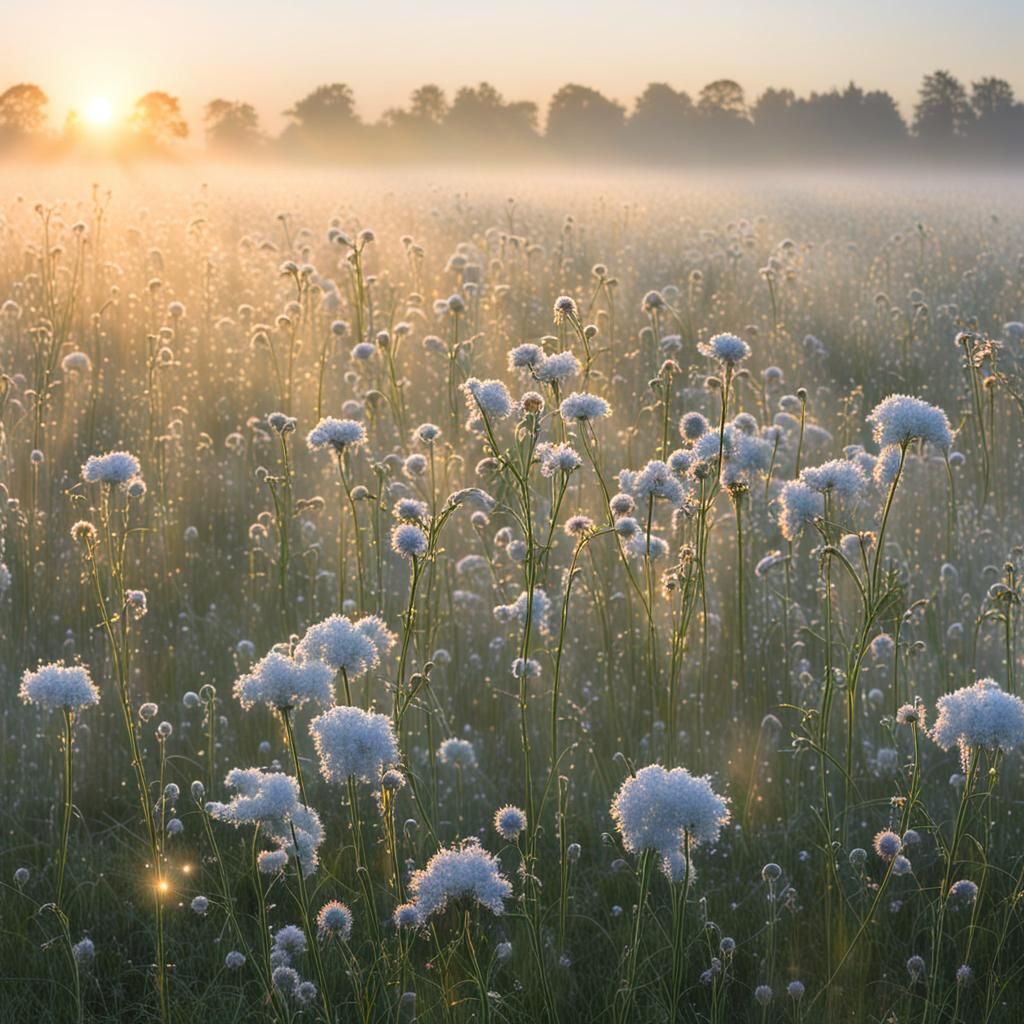 Dewy Field Flowers at Sunrise in Pastel Colors