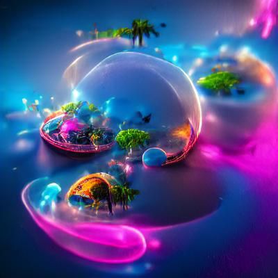 Fantasy Islands Floating in Space with Neon Lights