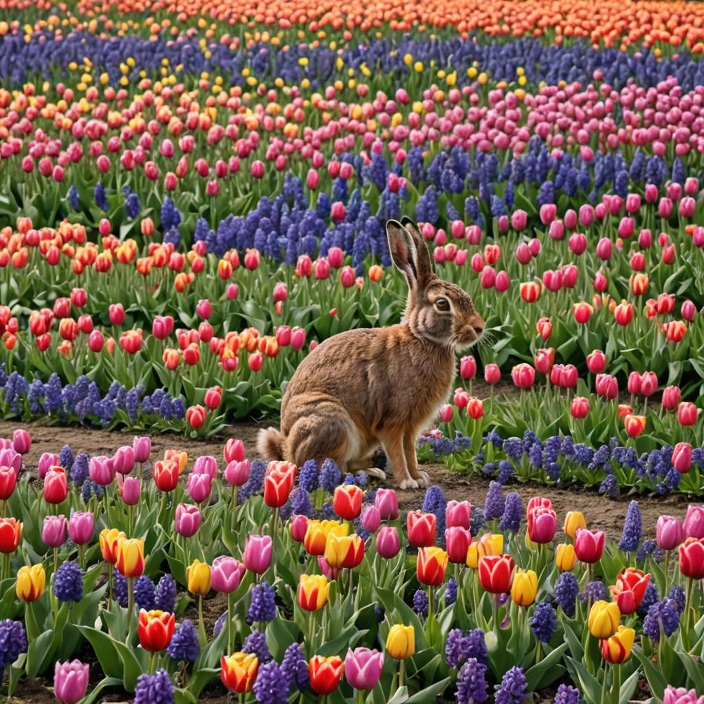 Colorful Tulip Field in Holland with Hare