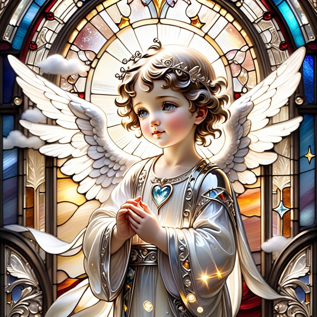 Glass Cherub with Flowing Robes and Stained Glass