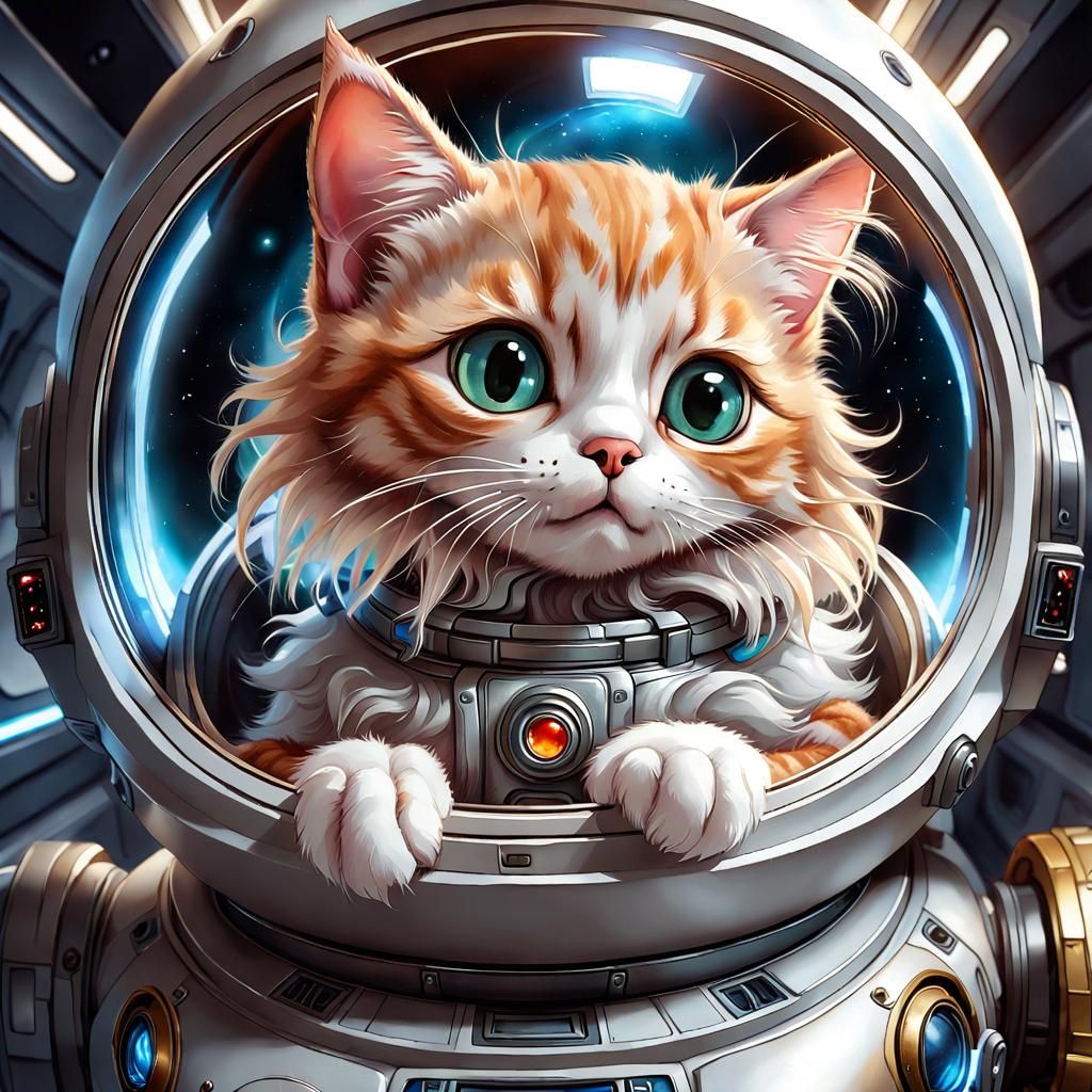 Adorable Cat in Spaceship, Detailed Watercolor Painting