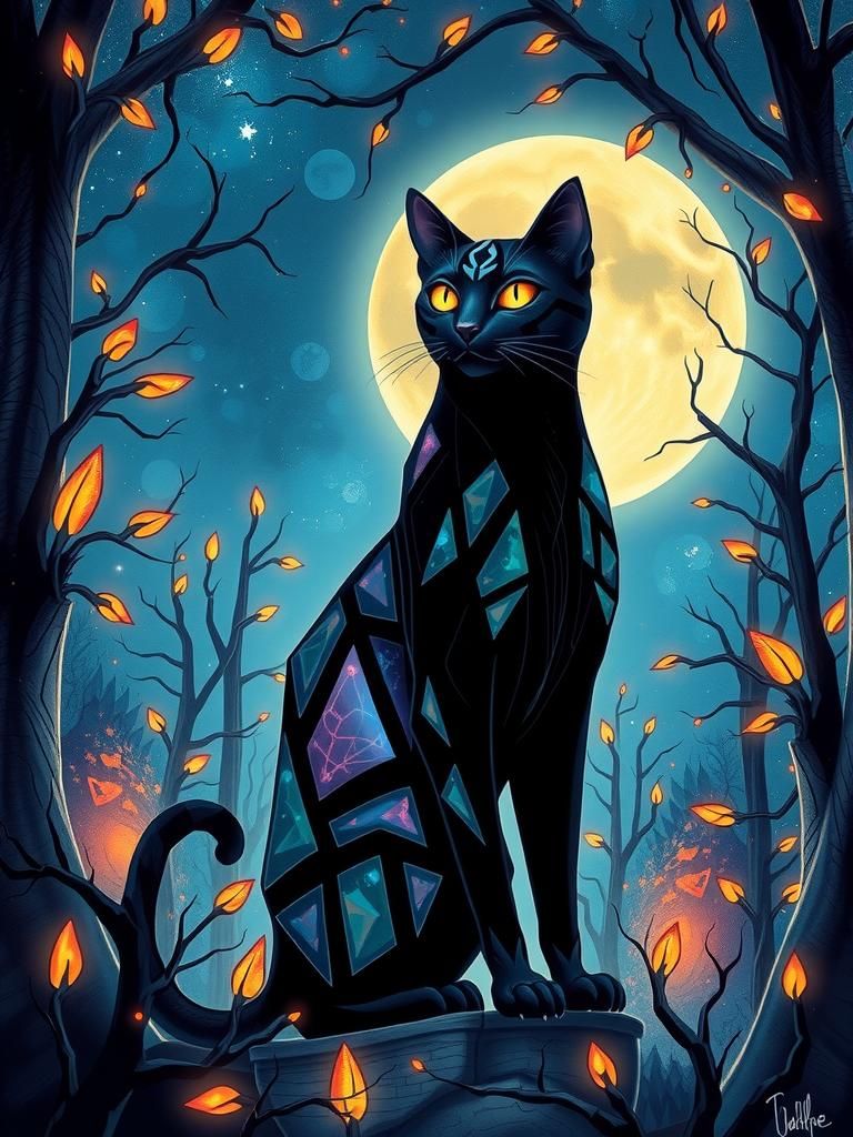 Mystical Black Cat in Futuristic Forest