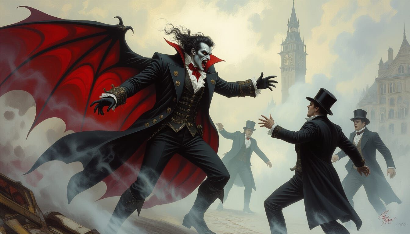 Steampunk Vampire Attack in Ethereal Oil Painting