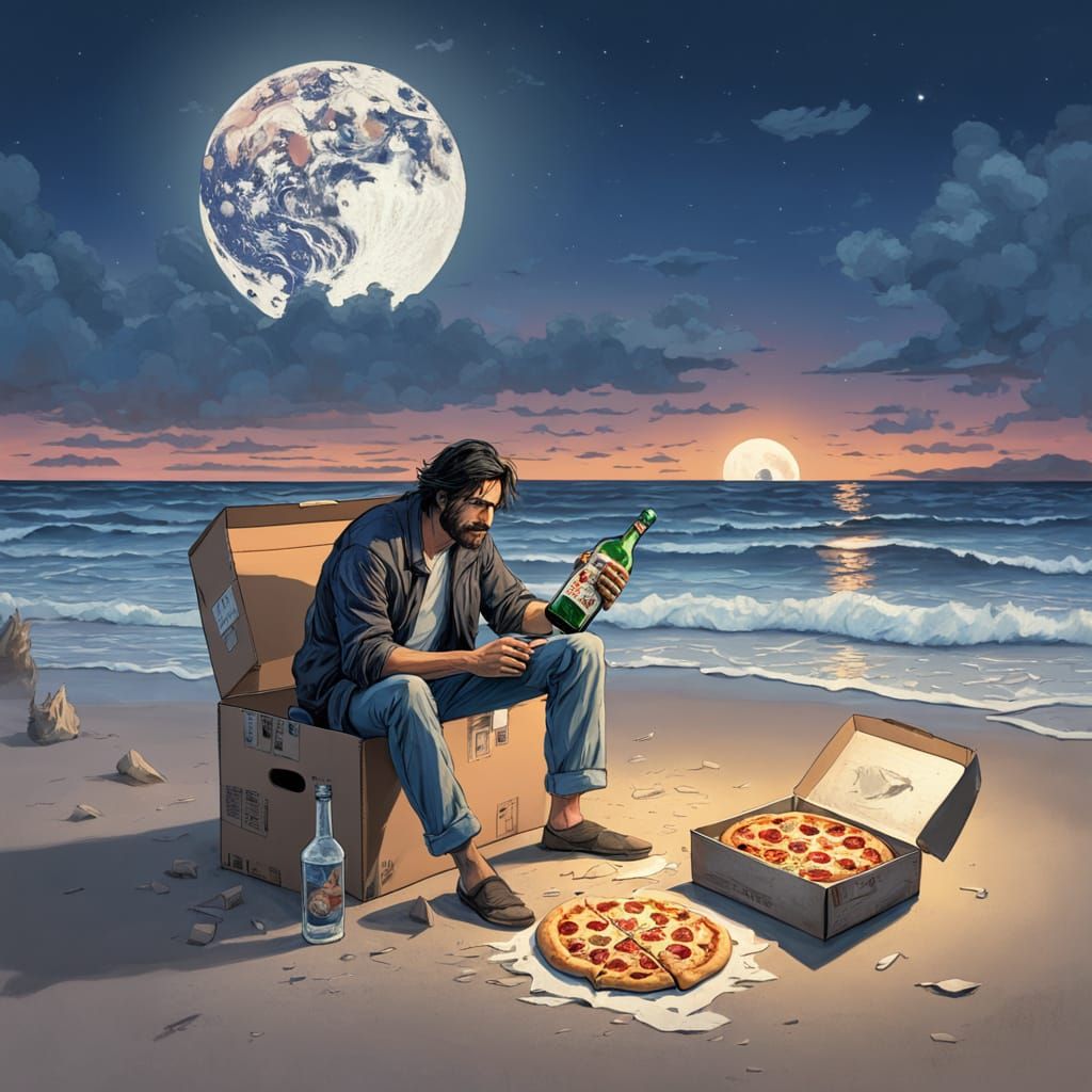 Marooned Man with Pizza on Desert Island