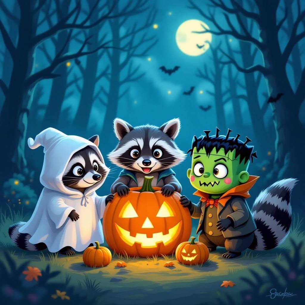 Raccoons in Halloween Costumes Gathered Around Jack-o'-lante...