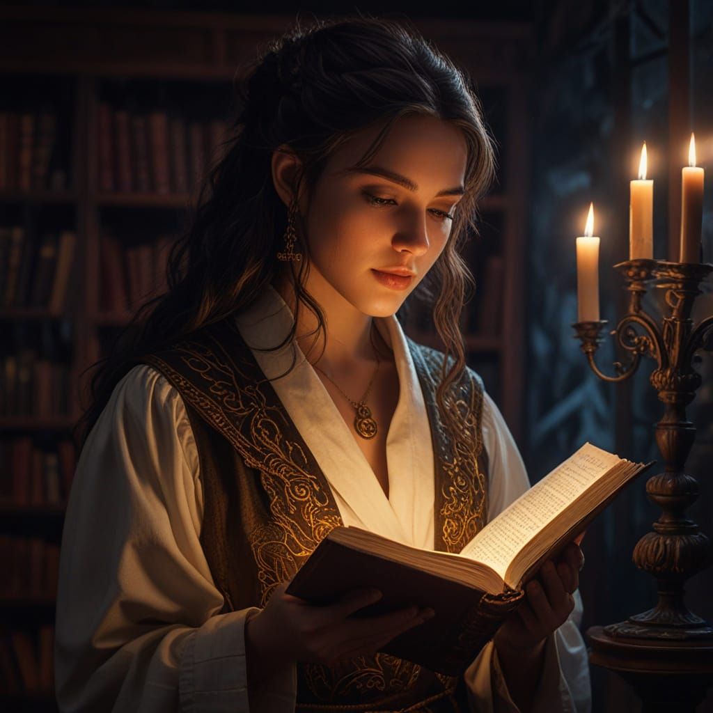 Goddess Mage Reading Spellbook in Arcane Library