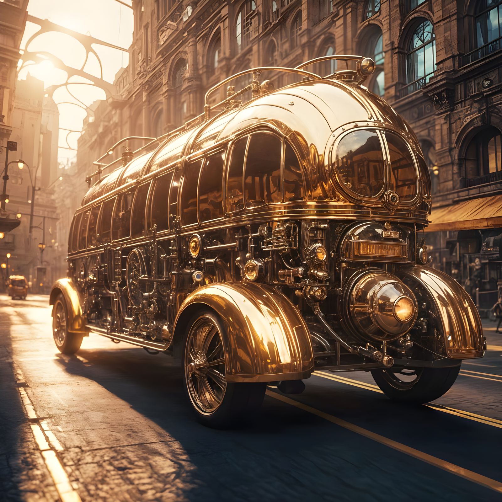 Epic Steampunk Cityscape with Chrome Zeppelin-Type Bus