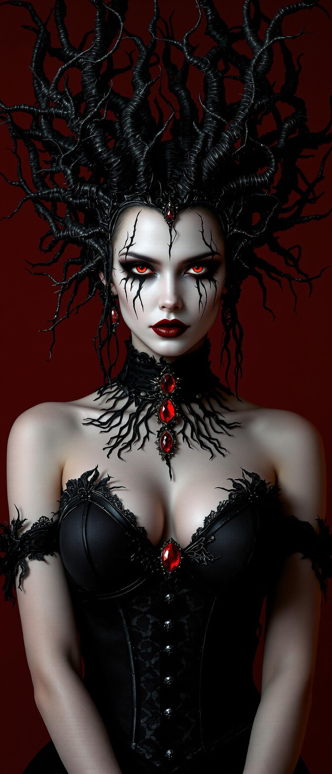 Gothic Woman with Red Eyes and Dark Headdress