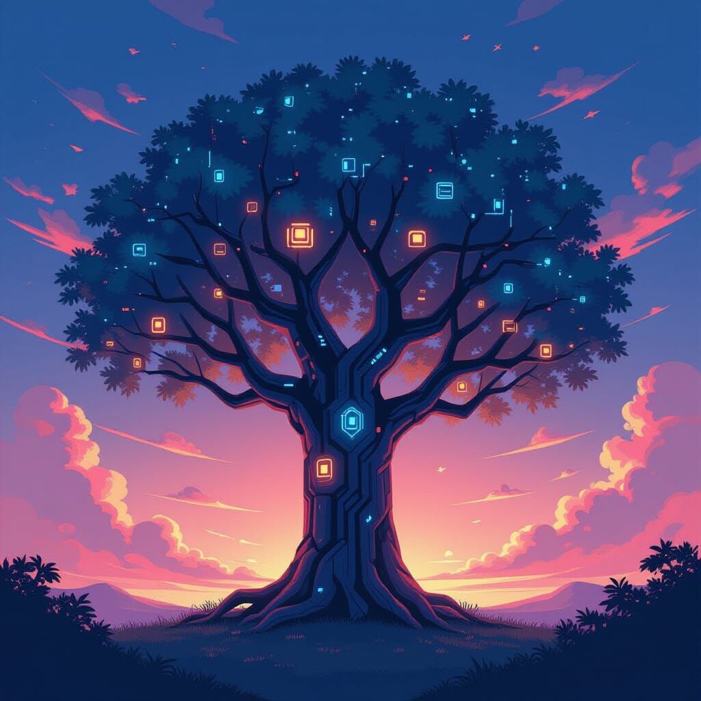 Technorganic Tree with Glowing Circuits, Manga Style