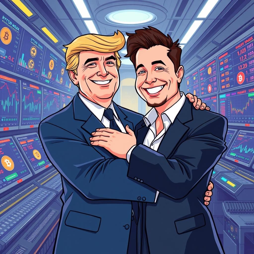 Cartoon Embrace in Crypto Tech Room, Pop Art Style