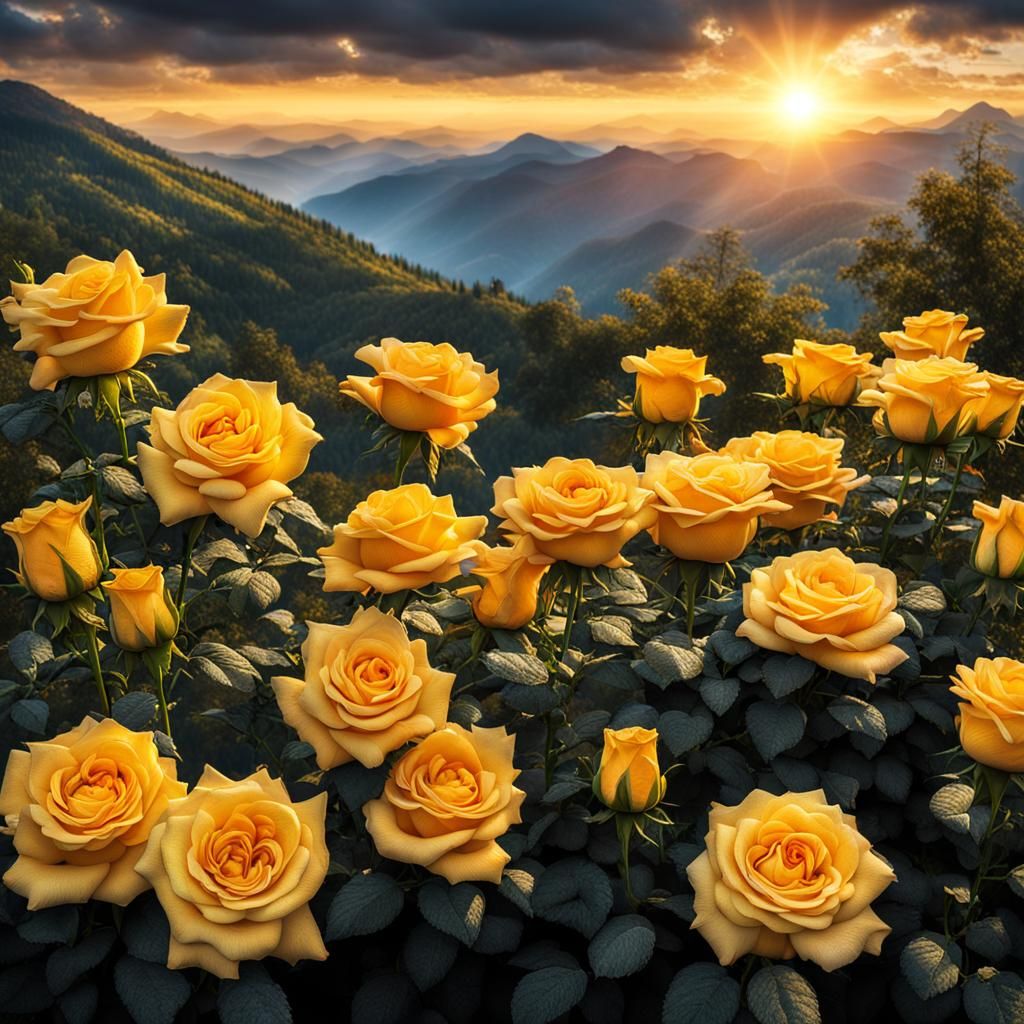 Sunrise over the mountains yellow roses, flowers little glit...