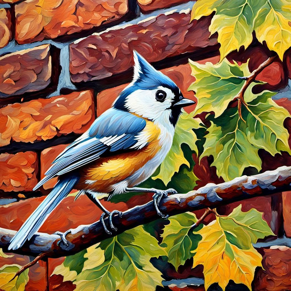 Titmouse in Grape Vine, Detailed Oil Painting