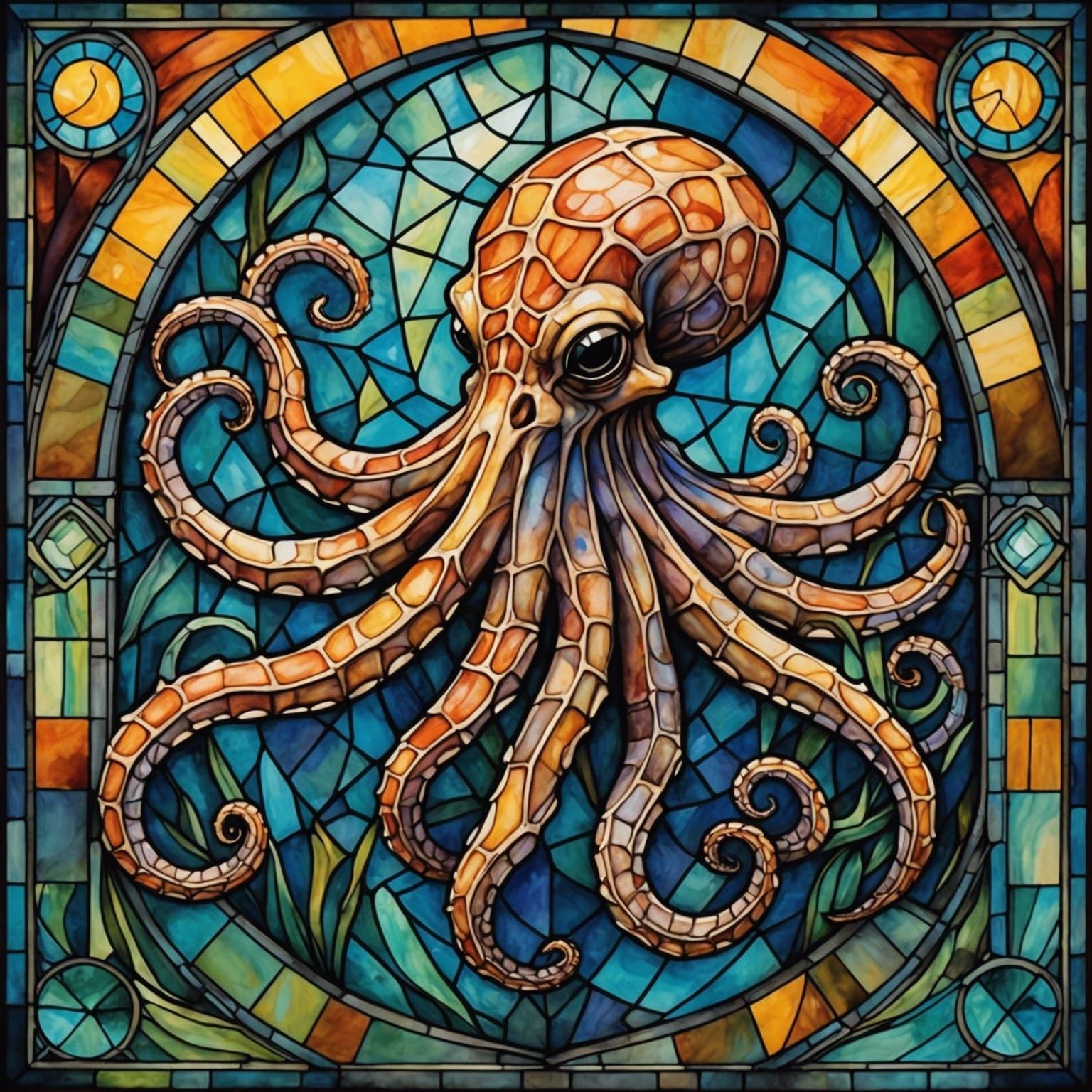 Cubist Stained Glass Octopus Watercolor Painting