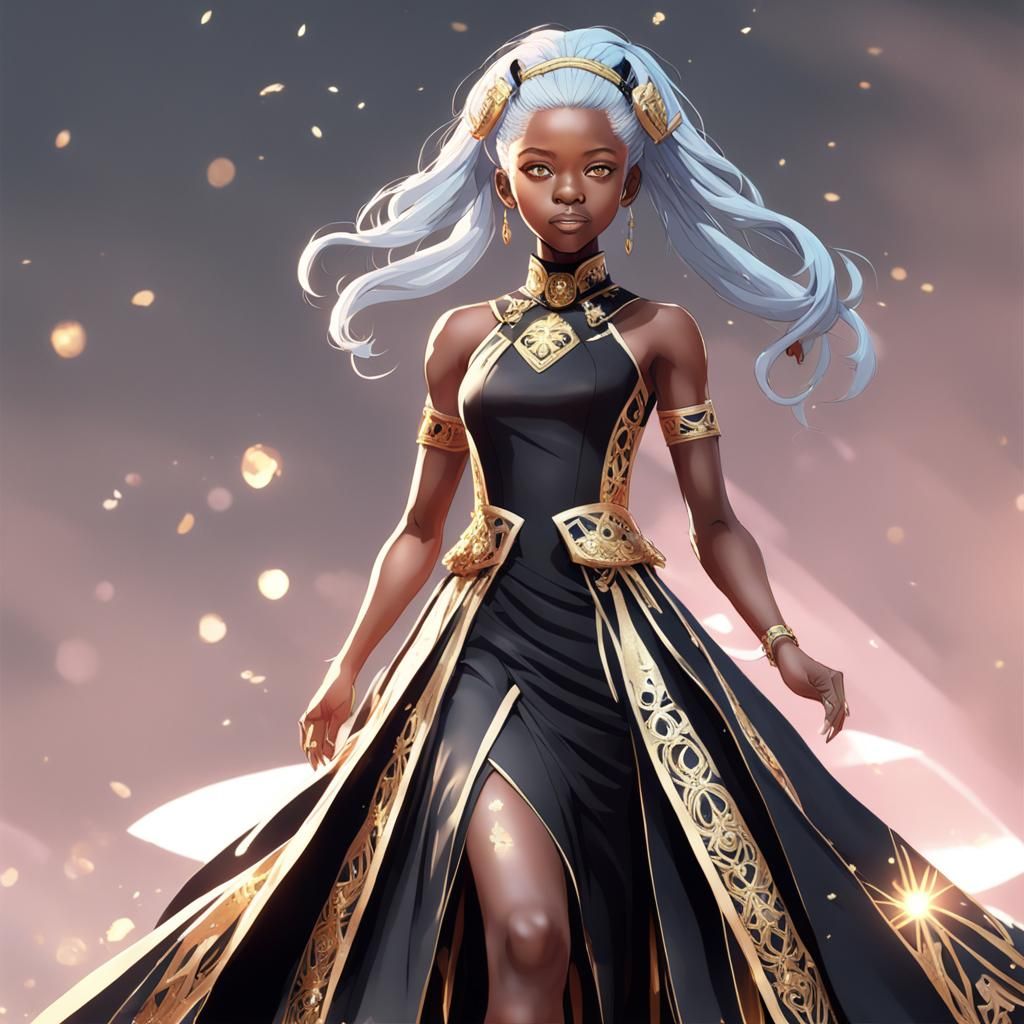 Anime Art: Woman with Blue Hair in Gold Dress