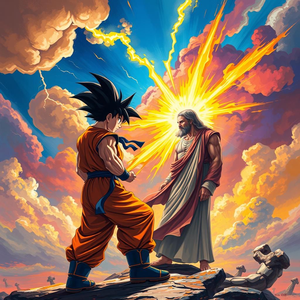 Epic Battle: Goku vs Jesus in Expressionist Style