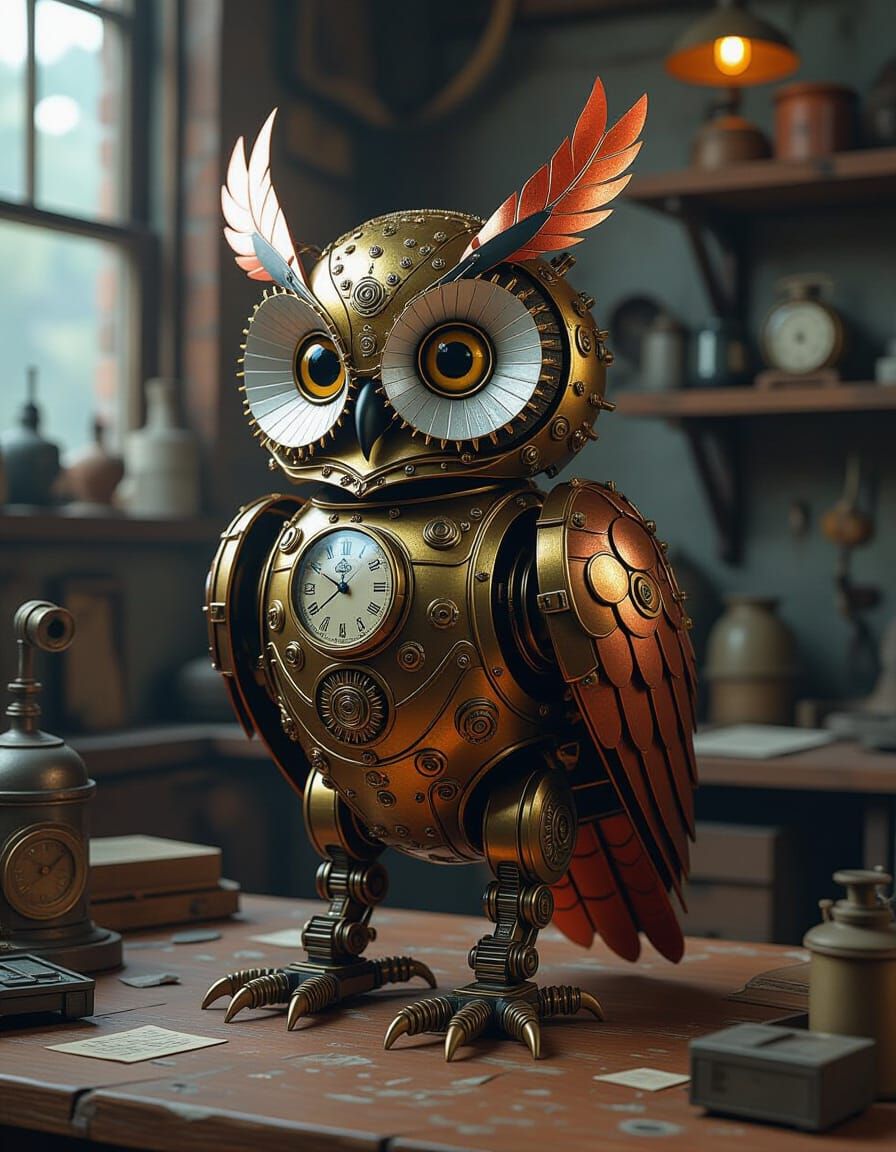 Mechanical Robot Owl in Dystopian Concept Art Style