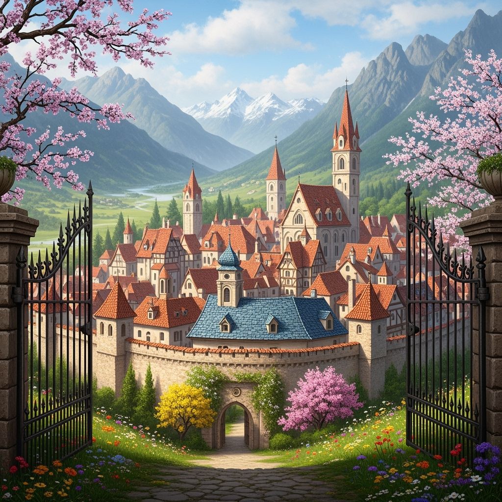 Walled Medieval Town with Spires and Colorful Roofs