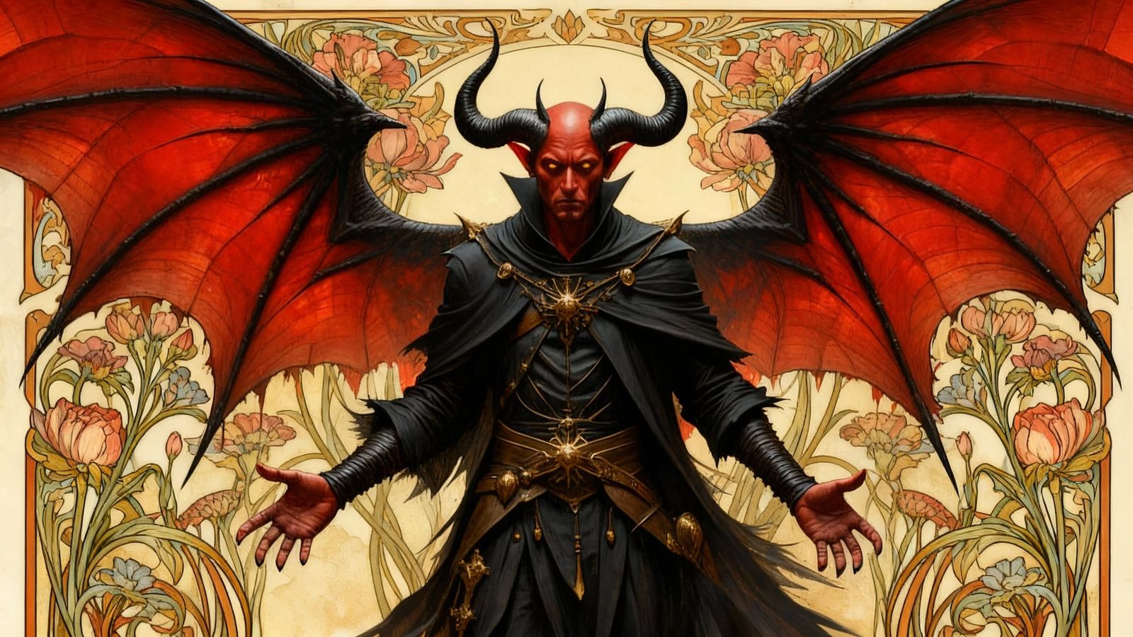 Jugendstil Male Tiefling with Bat Wings in Dynamic Pose