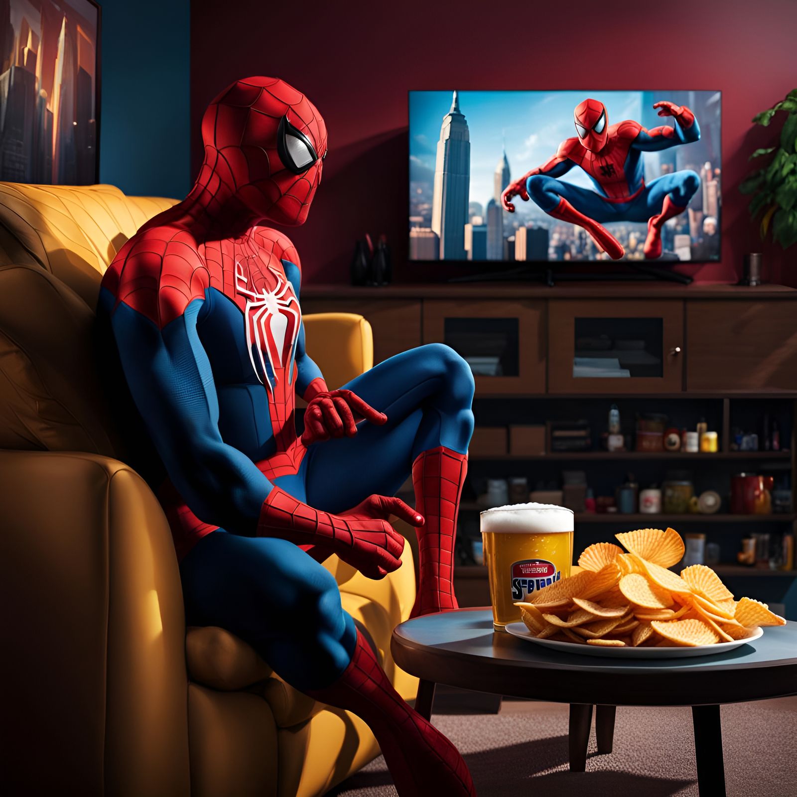 Spiderman chilling on the sofa watching the news