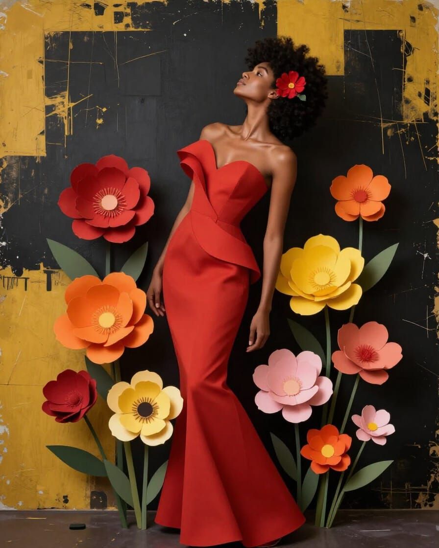 Fashion Artwork of Woman in Sculptural Red Dress