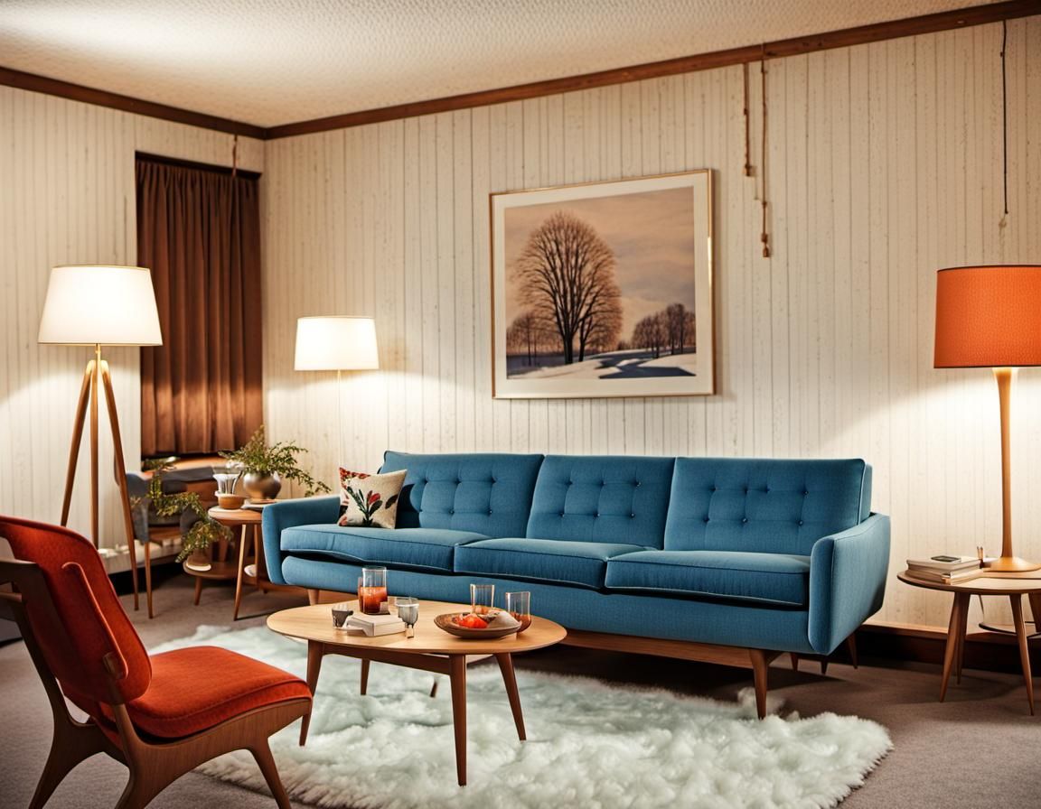 Cozy Mid-Century Living Room at Night