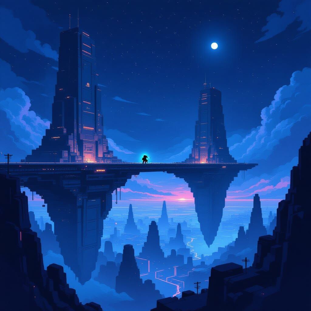 Pixel Art of Ancient Sky-Bridge City Under Dark Night Sky