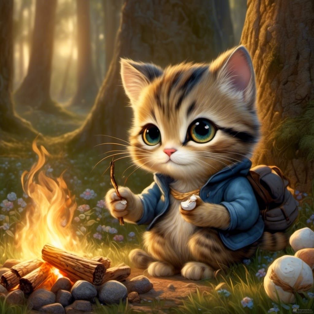 Whimsical Cat Toasts Marshmallow in Magical Forest
