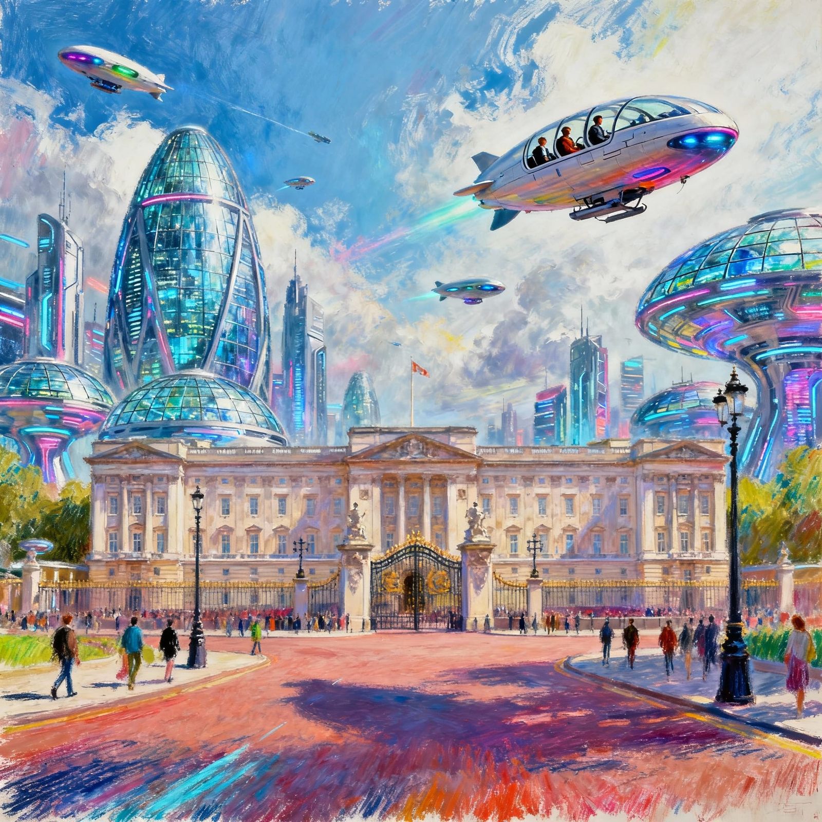 London 2400: Futuristic Cityscape with Historic Palace