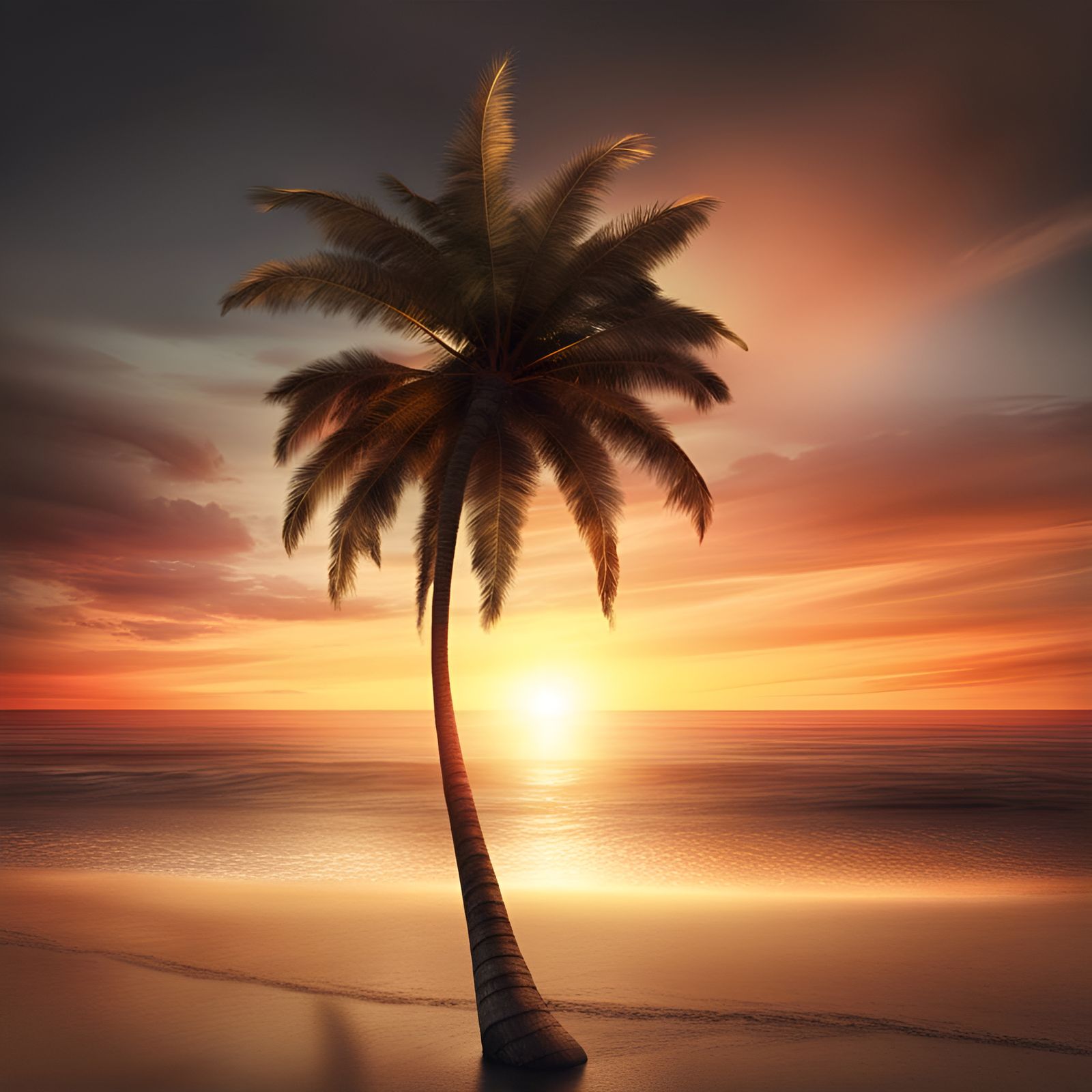 Photo-Realistic Sunset Beach with Palm Tree