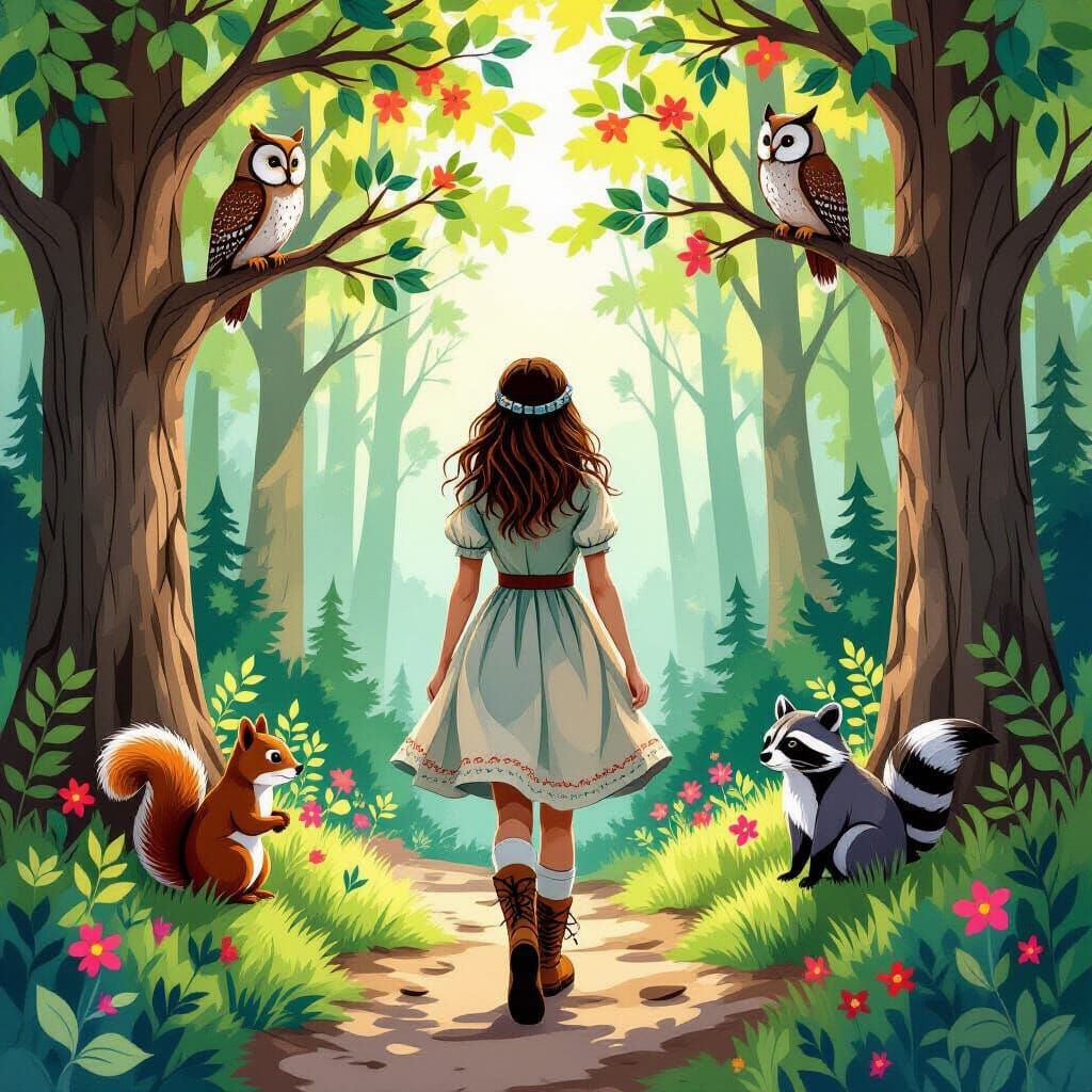 Whimsical Forest Trail Wanderer in Vintage Dress