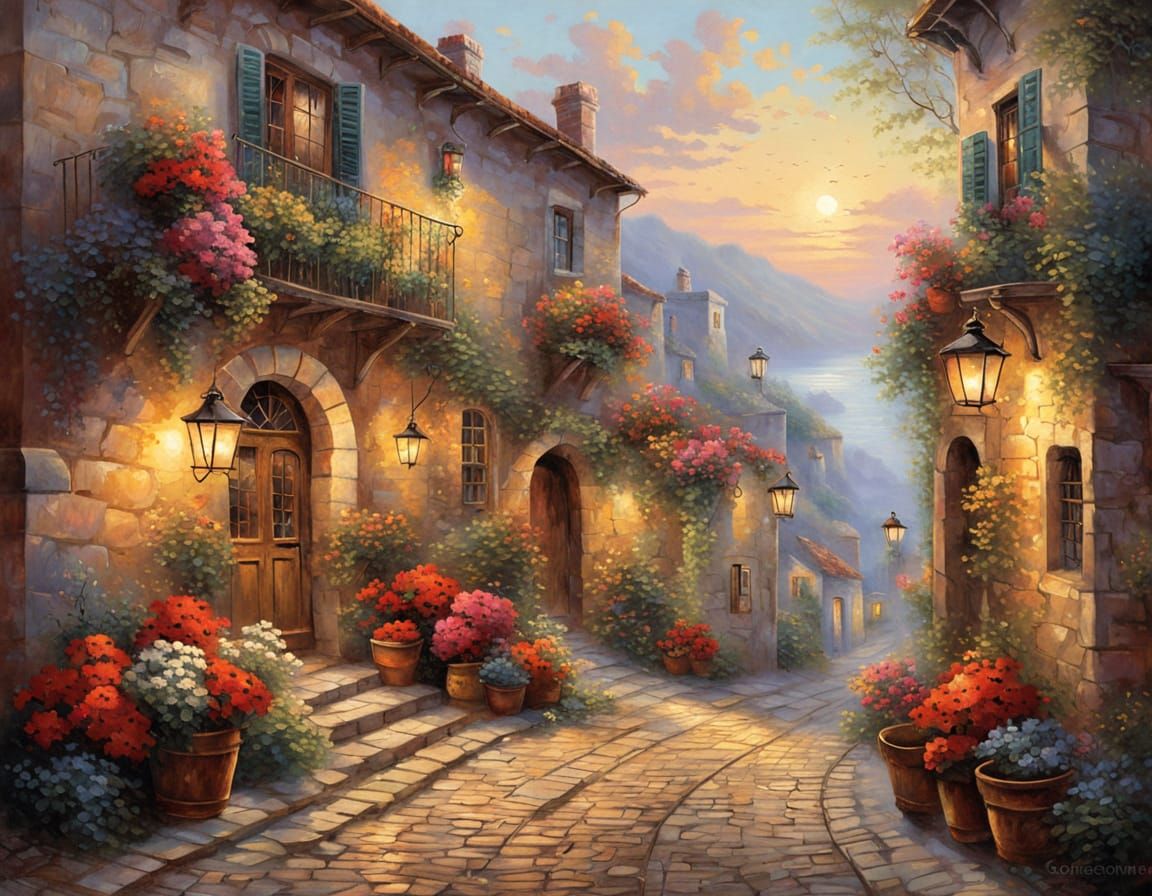 Mediterranean Village at Sunset in Whimsical Fantasy Style
