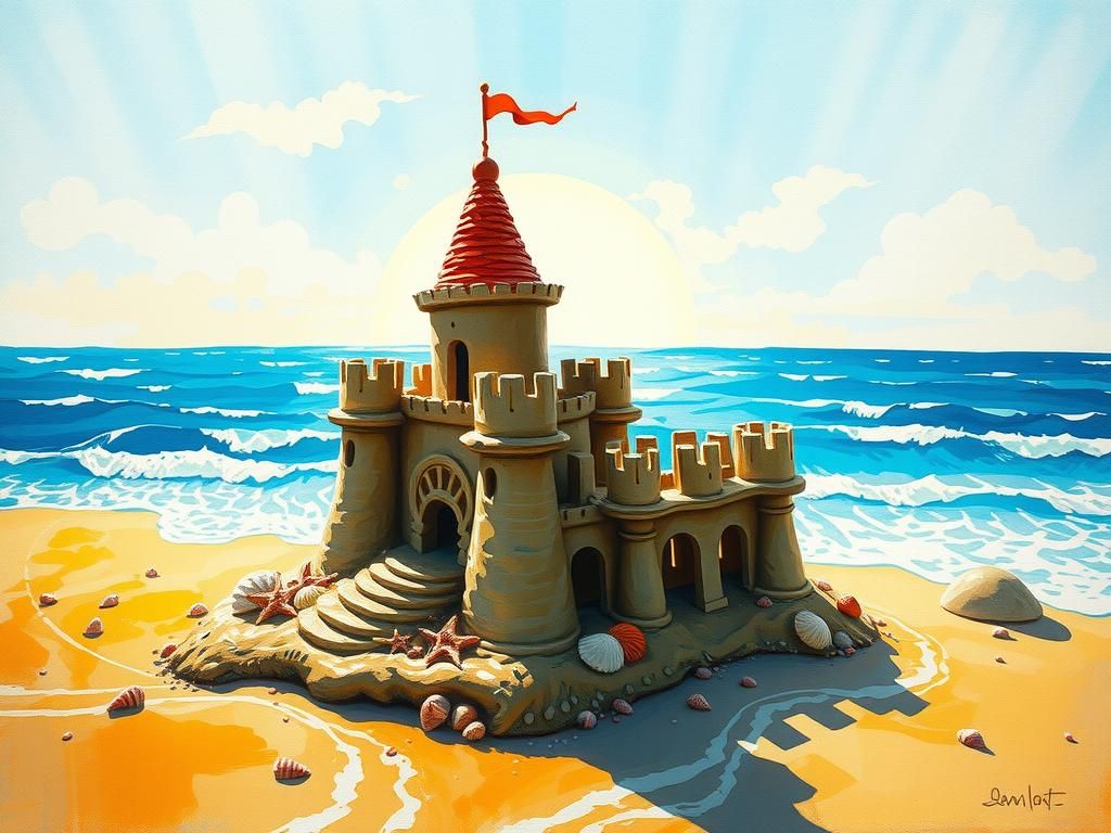 Whimsical Sandcastle on Sunny Beach in Post-Impressionism St...